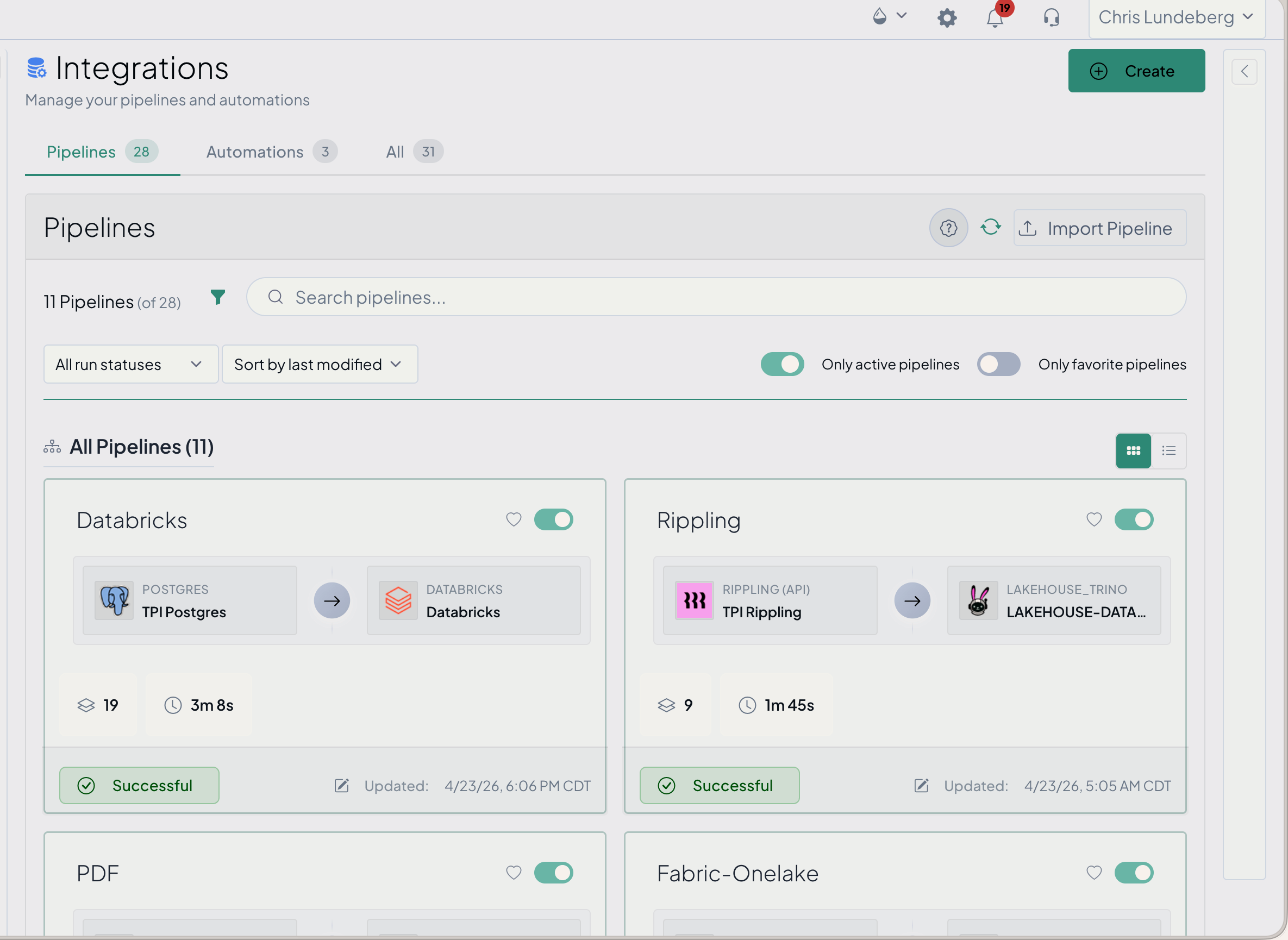 Databasin pipelines dashboard showing run statuses and source-to-target wiring