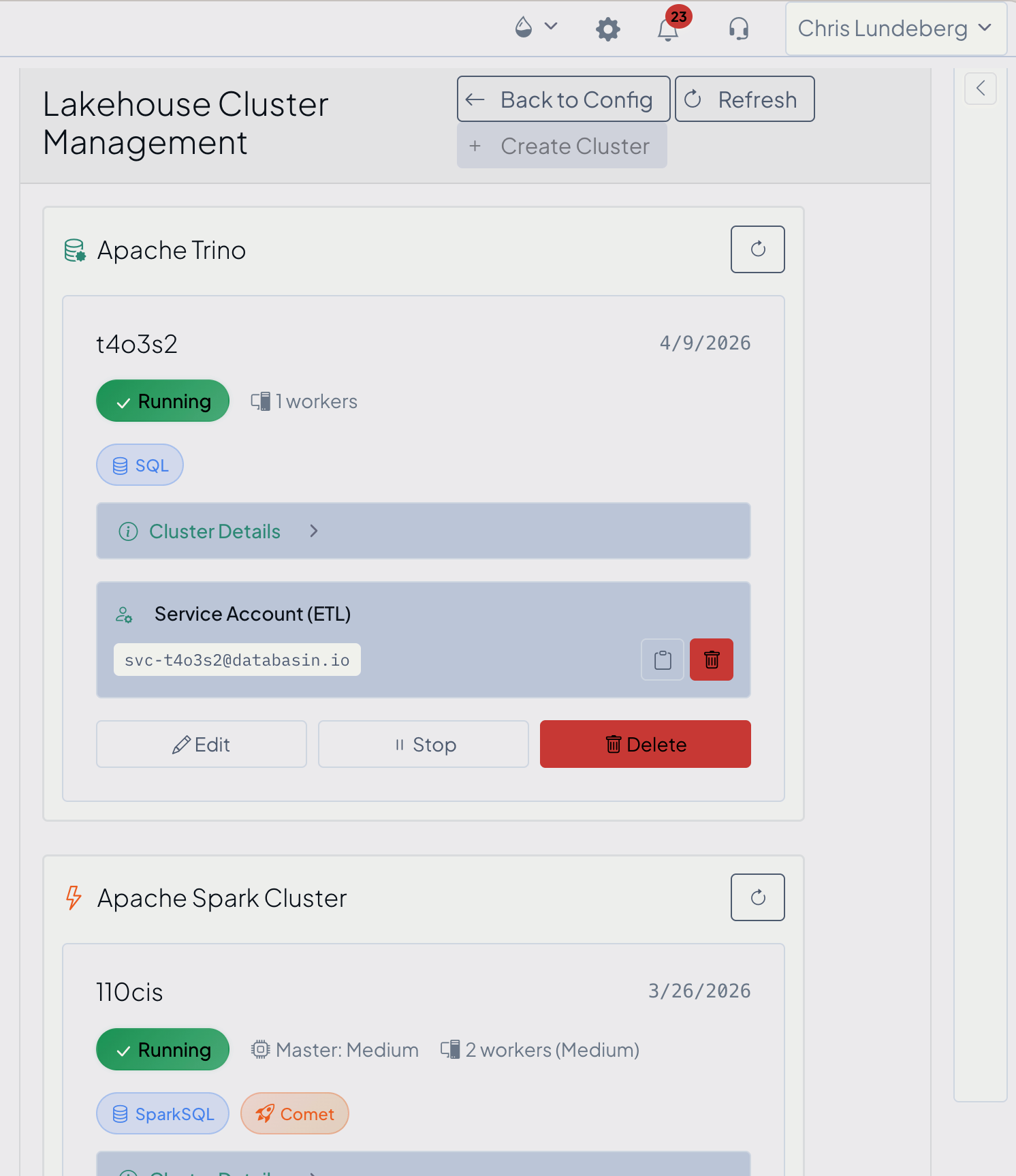 Databasin cluster management: Trino and Spark clusters, fully managed