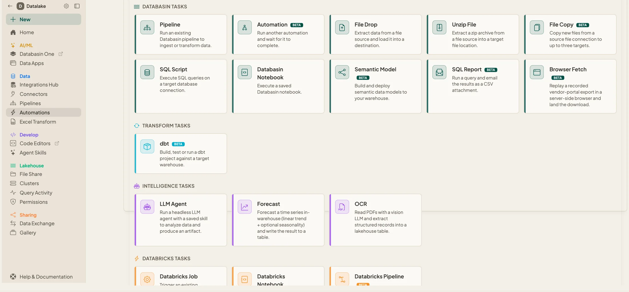 The automation task menu: Databasin tasks such as Pipeline, File Drop, SQL Script, Notebook and SQL Report; dbt; intelligence tasks LLM Agent, Forecast and OCR; and Databricks tasks.