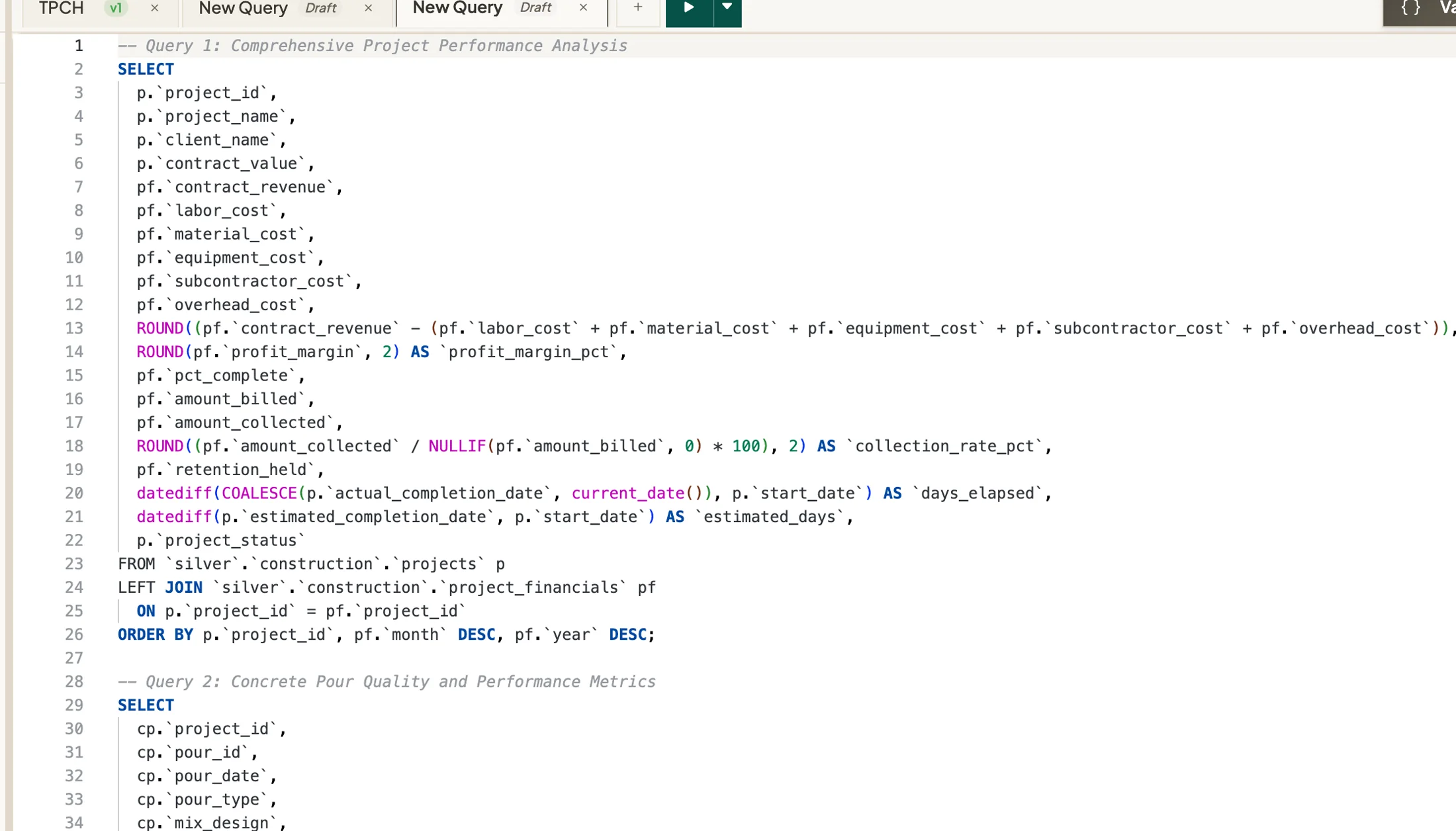 The Databasin SQL editor with tabbed, versioned queries against silver-layer tables